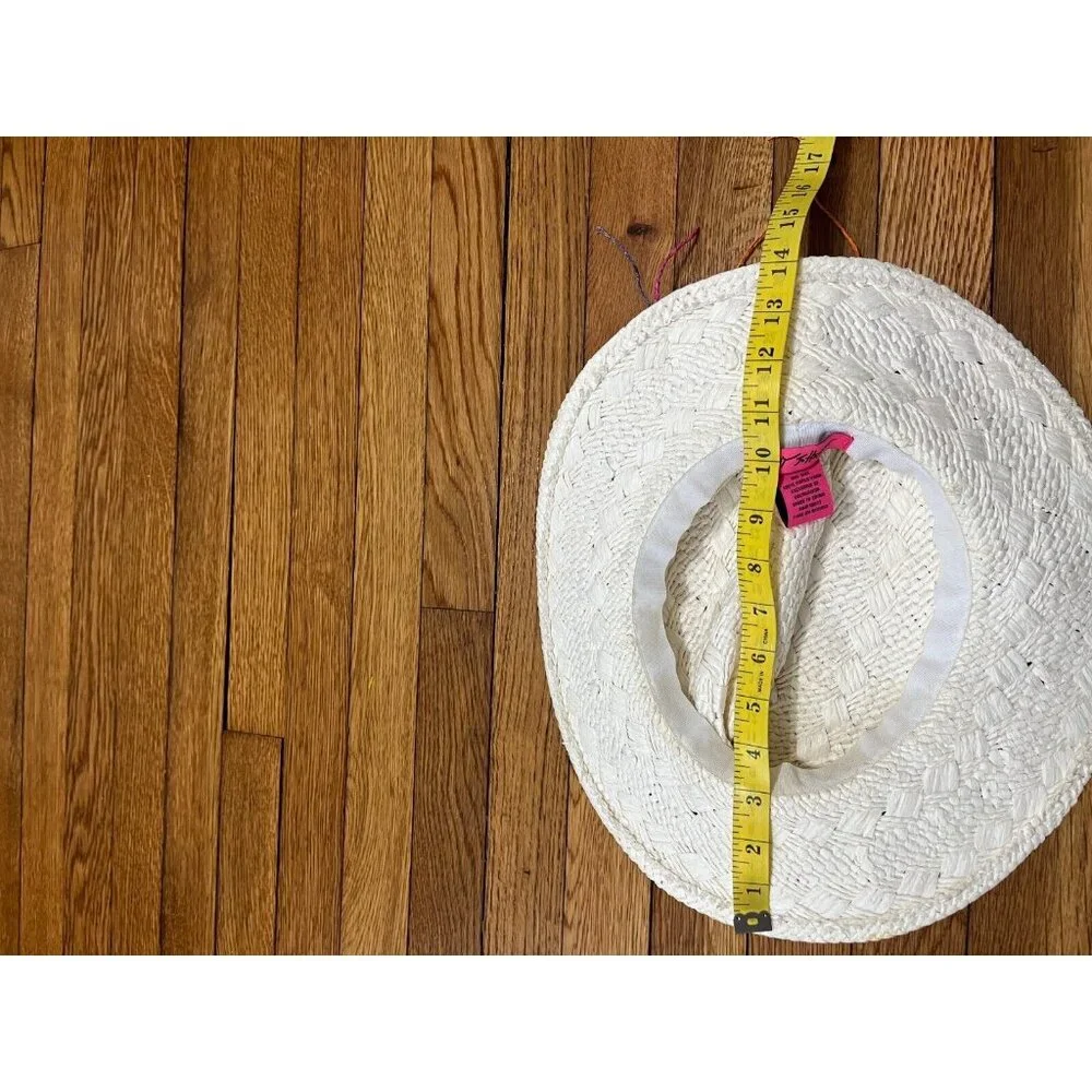 Betsey Johnson Straw Sun Hat Colorful Rainbow Trim One Size Cap Ivory EUC - Picture 11 of 11